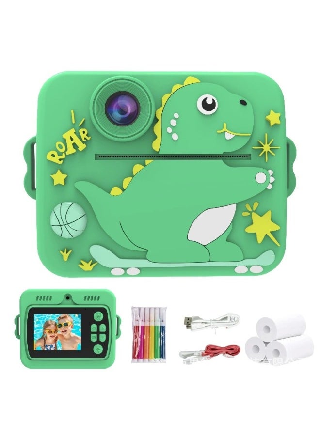 Generic Children's Instant Camera Selfie Print Portable Compact Body ABS Silicone Material Long Battery Life Suitable For Children-Color:Green Dinosaur 1 (No Card Edition) Gift Box  - Image 1
