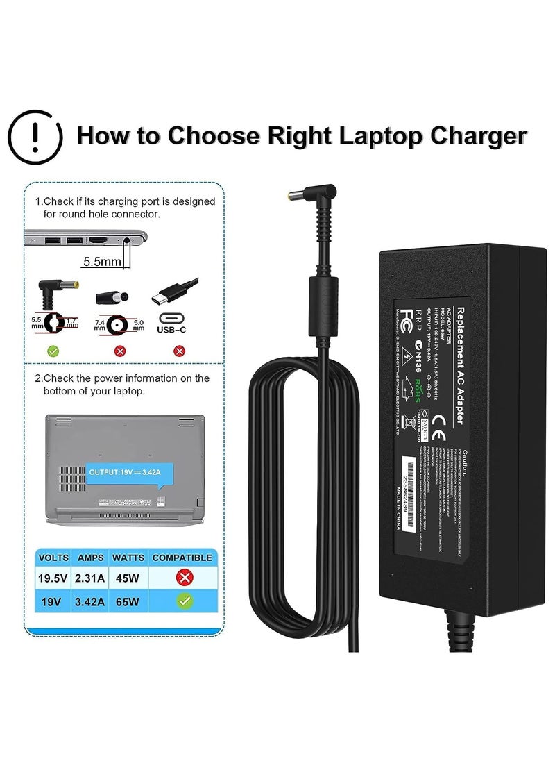 Generic - Acer Laptop Charger 65W/19V/3.42A AC Power Adapter Power Supply Replacement With Power Cord Compatible With Acer Aspire Acer ES1-511 E1 E3 E3-111 E5 and More - (5.5x1.7mm) - Image 1