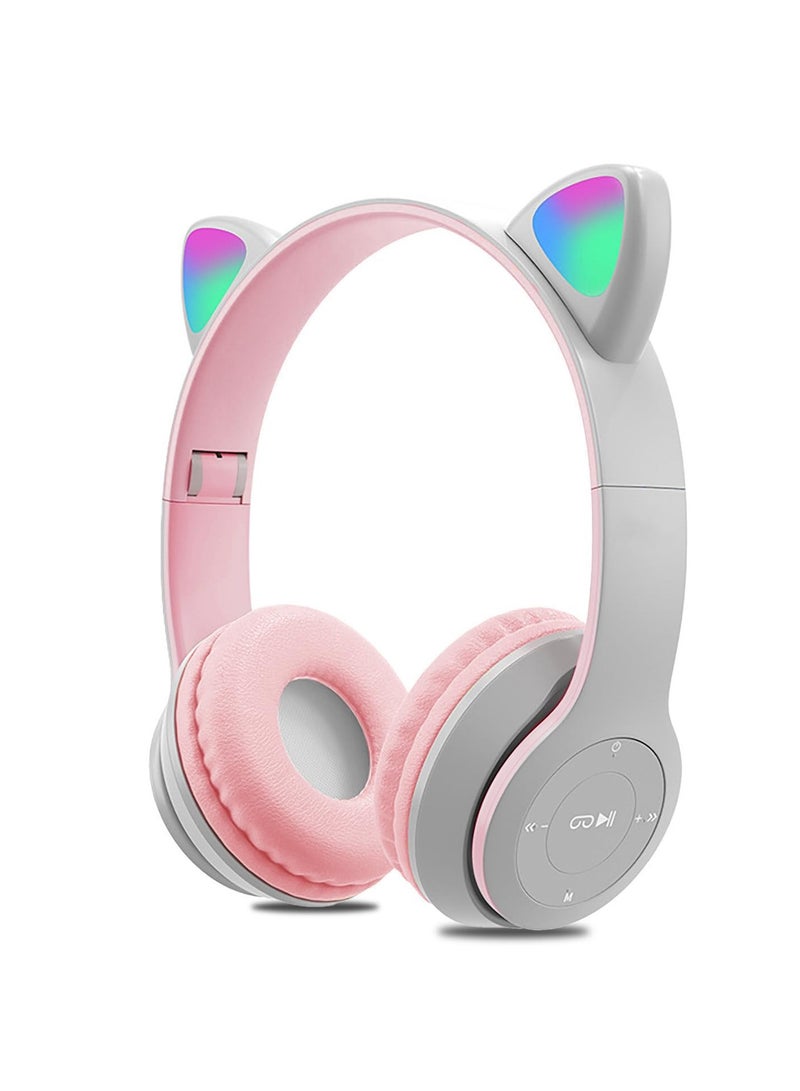Excefore Kids Bluetooth Headphones with LED Cat Ears, Wireless Wired Mode, 40mm Driver Unit, Foldable Stereo Over Ear Headphones with Mic, Bluetooth 5.0 Girls Headphones for Smartphones, PC, iPad, Gray Pink - Image 1