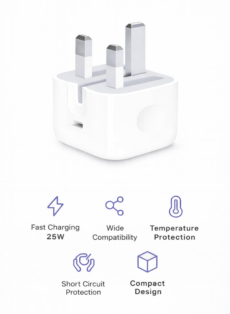 شاحن ايفون سريع 25 وات PD USB-C (شاحن حائط) + كابل USB-C إلى Lightning – جودة عالية – شحن سريع وآمن - Image 2