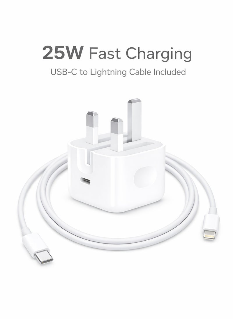 شاحن ايفون سريع 25 وات PD USB-C (شاحن حائط) + كابل USB-C إلى Lightning – جودة عالية – شحن سريع وآمن - Image 1