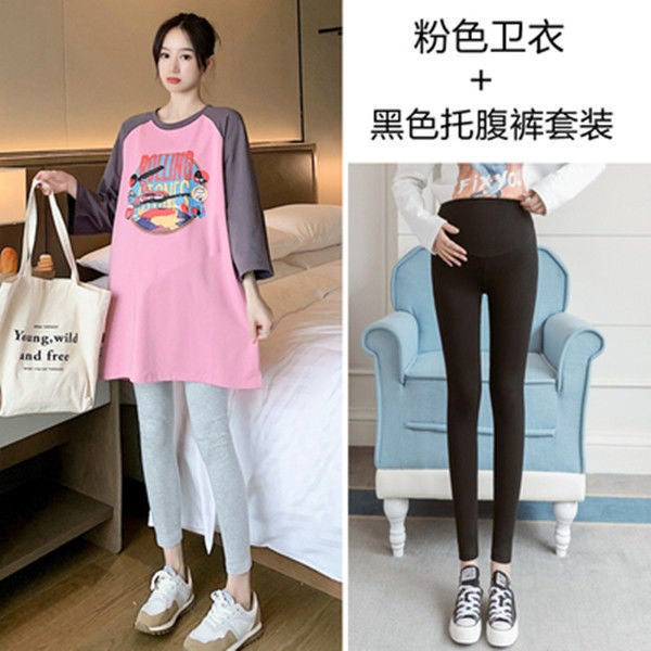Pregnant Womens Spring and Autumn Top Korean Fashionable Moms dress suit Pregnant Womens Long Sleeve Loose Mid-length Spring T-shirt 835 pink shirt black pants [suit]]
