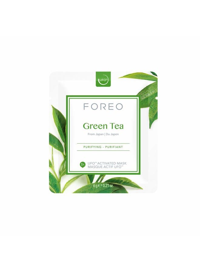 FOREO قناع الوجه المنشط من الشاي الأخضر UFO للبشرة الدهنية المعرضة للبثور، 6 عبوات، مطهر، مضاد للأكسدة، مرطب، مستخلص الشاي الأخضر وUlmus، خالي من القسوة، تركيبة نظيفة، متوافق مع UFO 2 وUFO - Image 1