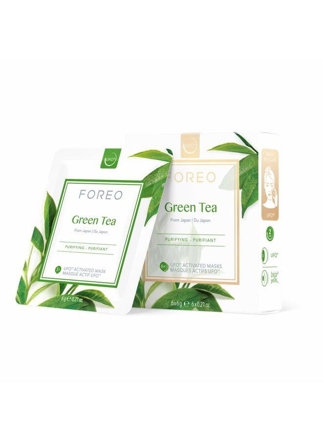 FOREO قناع الوجه المنشط من الشاي الأخضر UFO للبشرة الدهنية المعرضة للبثور، 6 عبوات، مطهر، مضاد للأكسدة، مرطب، مستخلص الشاي الأخضر وUlmus، خالي من القسوة، تركيبة نظيفة، متوافق مع UFO 2 وUFO - Image 3