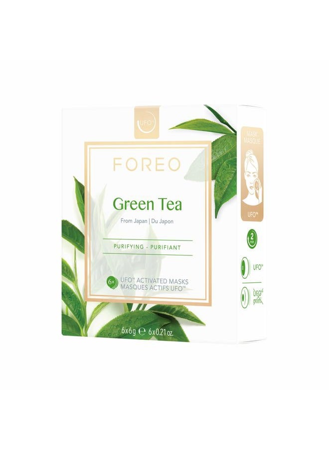 FOREO قناع الوجه المنشط من الشاي الأخضر UFO للبشرة الدهنية المعرضة للبثور، 6 عبوات، مطهر، مضاد للأكسدة، مرطب، مستخلص الشاي الأخضر وUlmus، خالي من القسوة، تركيبة نظيفة، متوافق مع UFO 2 وUFO - Image 2