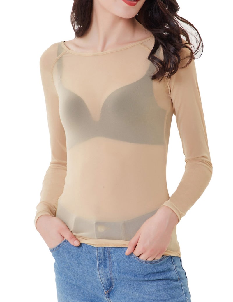 Kate Kasin Nude Mesh Top for Women, Long Sleeve Sheer Blouse, Basic Lightweight See Through Tops Nude L - Image 1