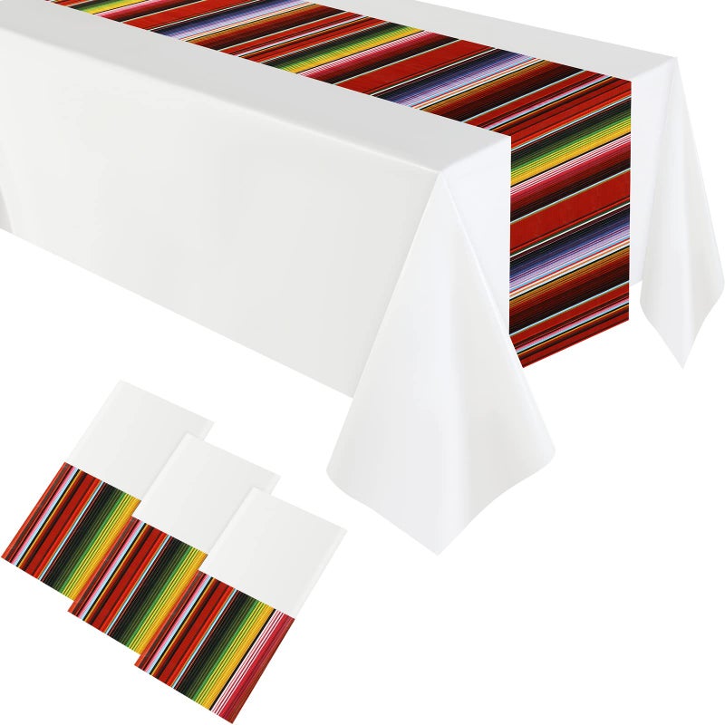 Remagr 6 Pcs Mexican Fiesta Tablecloth 54 x 108 Table Runner Plastic Fiesta Striped Table Cover for Taco Night Festive Mexican Party DecorationsWhite 6 Pcs