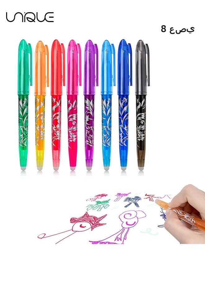 Unique 8Pcs Erasable Pens, Erasable Rollerball Pen, 0.5mm Tip Rubber Pen, Ink Eraser Pen, 8 Colors Erasable Gel Pens for Kids Adults School Supplies Office Stationery, Color Hot Water Type Erasable Pen  - Image 1