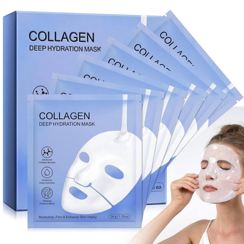 HUALIJIA Collagen Face Mask 6 Pack Overnight Collagen Mask for Women Deep Collagen Anti Wrinkle Lifting Mask for All Skin Types Pore Minimizing Elasticity Improvement 34g x6ea