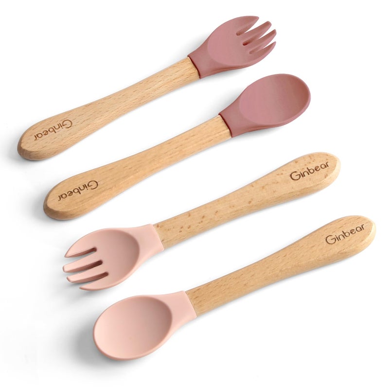 Ginbear Silicone Baby Spoons and Forks Selffeeding 1218 Months SoftTip Baby Flatware Sets for Girl Toddler Feeding Utensils for Child 4 Piece Set MauvePink