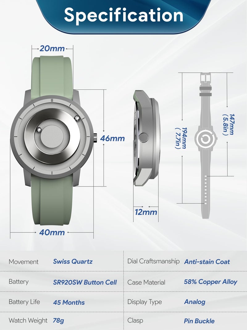 EUTOUR Magnetic Watches for Men 5ATM 40MM Specular Dial Quartz Magnet Watches with Ball Bearings and Silicone Watch Bands Idea for Men Unique Men's Wrist Analog Watch Green - Image 5