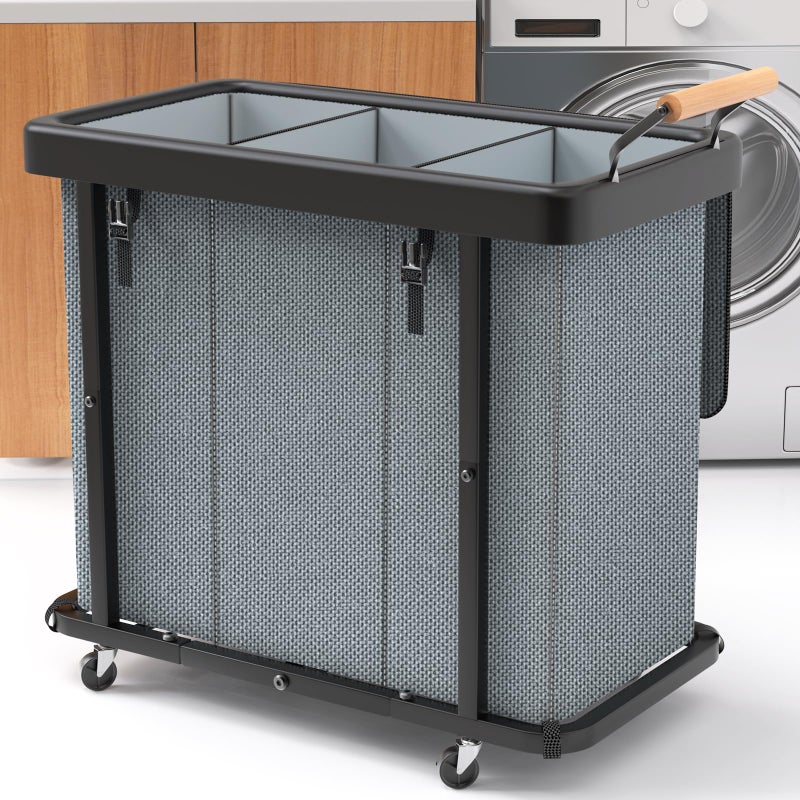 kunlabori 230L (60 Gal) Extra Large Fashion Laundry Sorter 3 Section with Lid, Rolling Laundry Basket Hamper with Handle, Laundry Organizer Storage Cart with Sturdy Metal Frame for Laundry Room, Hotel, Grey - Image 1