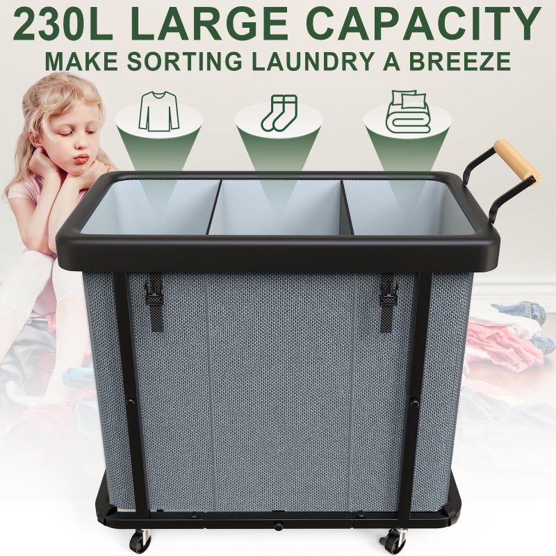 kunlabori 230L (60 Gal) Extra Large Fashion Laundry Sorter 3 Section with Lid, Rolling Laundry Basket Hamper with Handle, Laundry Organizer Storage Cart with Sturdy Metal Frame for Laundry Room, Hotel, Grey - Image 2