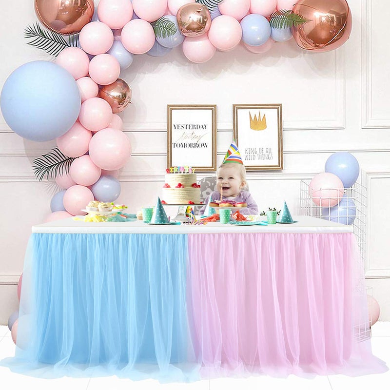 Suppromo 9ft Pink and Blue Gender Reveal Table Skirt Tulle Tutu Table Clothes Cover for Baby Shower Boy or Girl Birthday Party Wedding Cake Table Decorations - Image 3