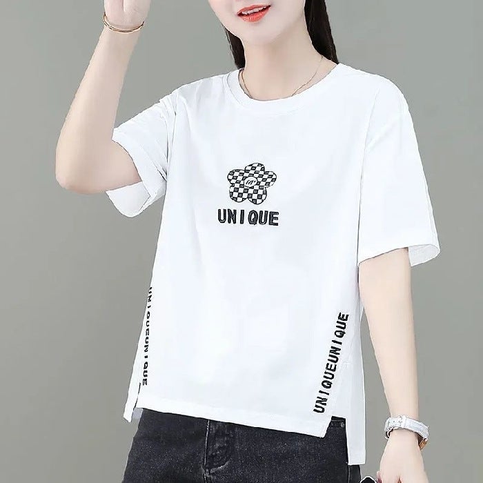 Factory wholesale special spike summer New irregular printing short sleeve t-shirt womens front short back long T-shirt top White [Flower]] - Image 1
