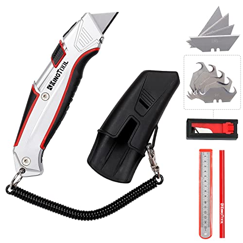 KingTool Self-Retracting Box Cutter with Holster & Belt Clip, Auto Retractable Safety Utility Knife with Total 10PCS SK5 blades, Aaluminum Shell with Rubber Grip, Sturdy & Strong - Image 1