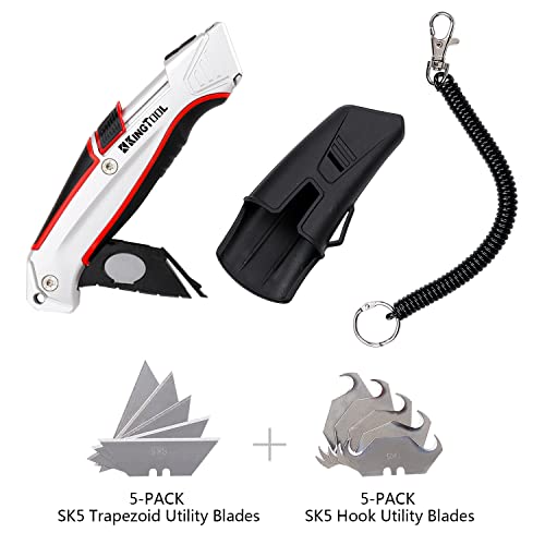 KingTool Self-Retracting Box Cutter with Holster & Belt Clip, Auto Retractable Safety Utility Knife with Total 10PCS SK5 blades, Aaluminum Shell with Rubber Grip, Sturdy & Strong - Image 4