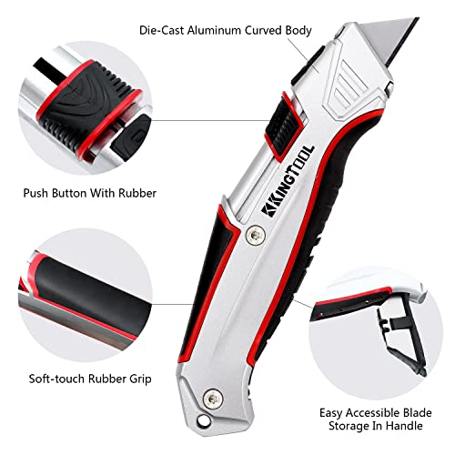 KingTool Self-Retracting Box Cutter with Holster & Belt Clip, Auto Retractable Safety Utility Knife with Total 10PCS SK5 blades, Aaluminum Shell with Rubber Grip, Sturdy & Strong - Image 3