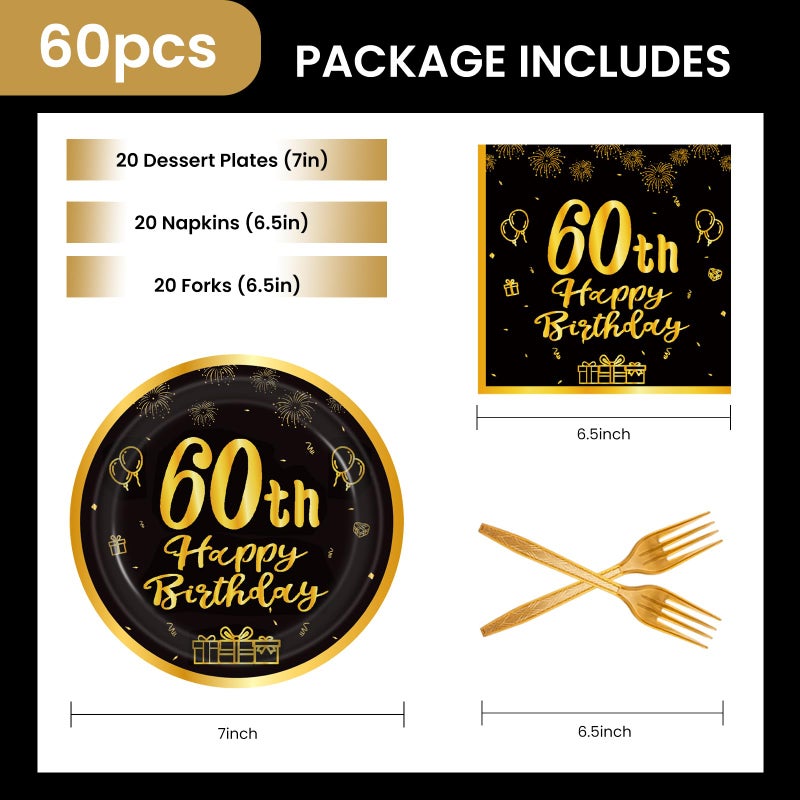 LDFDRT 60pcs 60th Birthday Party Paper Plates and Napkins Forks Black Gold Dessert Cake Plates Party Decorations Supplies Serves 20 Guest - Image 3