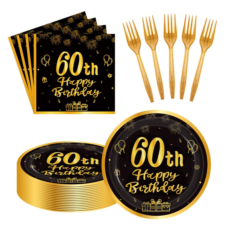 LDFDRT 60pcs 60th Birthday Party Paper Plates and Napkins Forks Black Gold Dessert Cake Plates Party Decorations Supplies Serves 20 Guest - Image 1