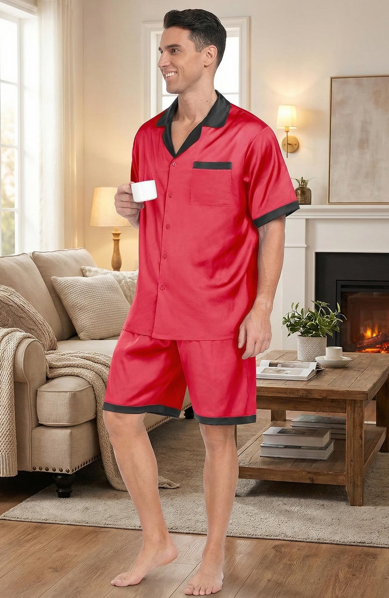 Ekouaer Men Satin Silk Pajamas Set with Pockets Sleepwear Shorts Satin Summer Loungewear 2 Piece Button Down Set S-3XL - Image 3