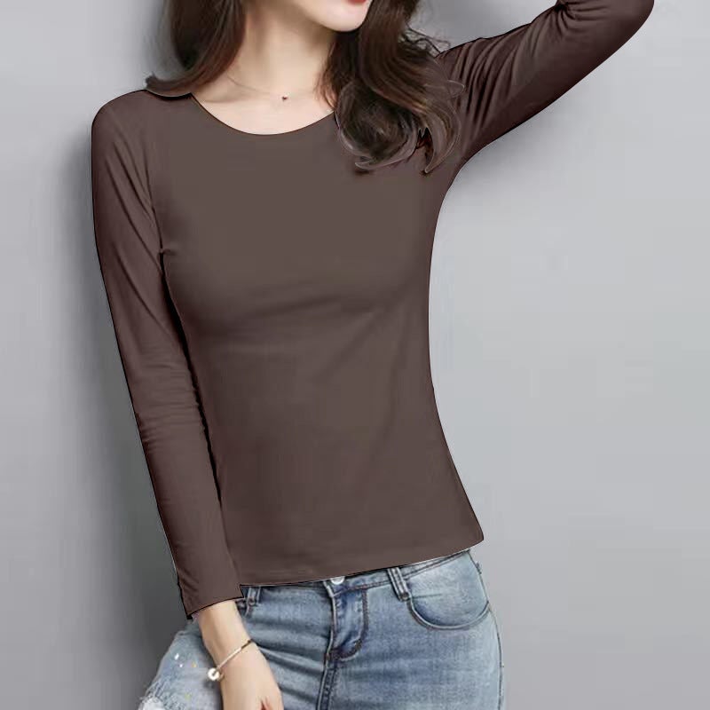 Womens Spring Slim Fit Long Sleeve TeeWomen's long sleeve [Brown round neck]] Women's long sleeve [Brown round neck]] 
