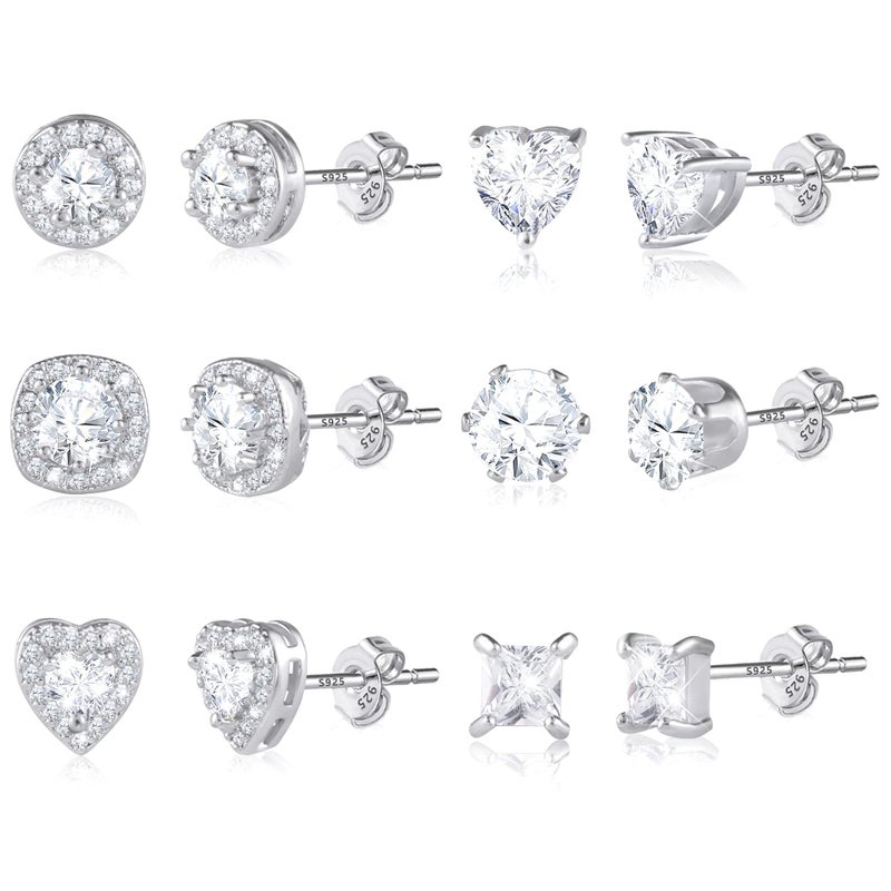 ALEXCRAFT Silver Stud Earrings for Women, Sterling Silver Cubic Zirconia Halo Stud Earrings Set Round Heart Square Diamond Studs Valentines Earrings Pack, 6 Pairs - Image 1