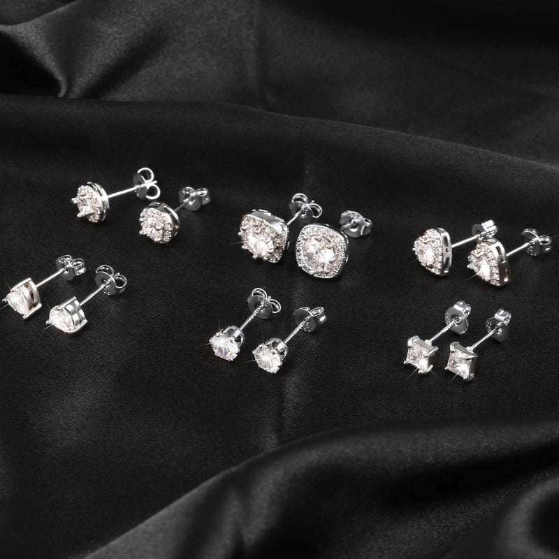 ALEXCRAFT Silver Stud Earrings for Women, Sterling Silver Cubic Zirconia Halo Stud Earrings Set Round Heart Square Diamond Studs Valentines Earrings Pack, 6 Pairs - Image 5