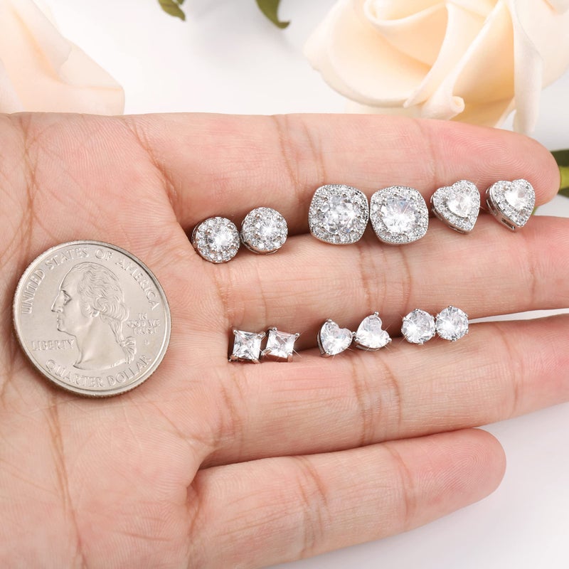 ALEXCRAFT Silver Stud Earrings for Women, Sterling Silver Cubic Zirconia Halo Stud Earrings Set Round Heart Square Diamond Studs Valentines Earrings Pack, 6 Pairs - Image 4