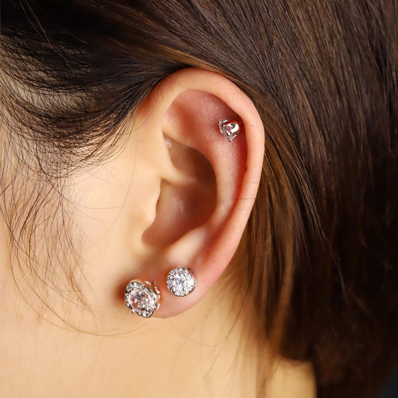 ALEXCRAFT Silver Stud Earrings for Women, Sterling Silver Cubic Zirconia Halo Stud Earrings Set Round Heart Square Diamond Studs Valentines Earrings Pack, 6 Pairs - Image 2