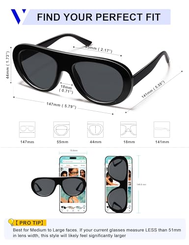 VANLINKER Retro Aviator Sunglasses for Women Chic Classic 70s Vintage Trendy 2026 Chunky Sun Glasses VL9865,Black - Image 5