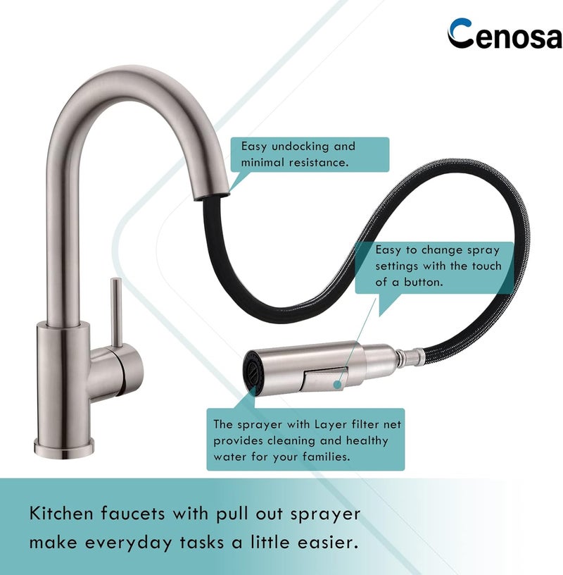 Cenosa Modern Bar Sink Faucet for Kitchen Sink Single Handle with Pull Out Sprayer Hot and Cold Brushed Nickel - Image 4