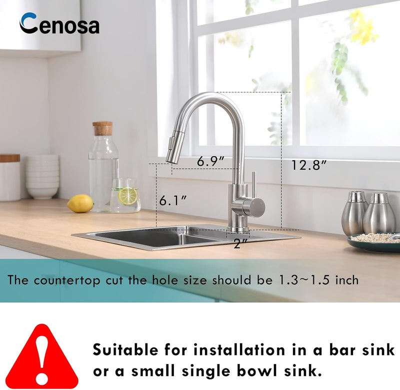Cenosa Modern Bar Sink Faucet for Kitchen Sink Single Handle with Pull Out Sprayer Hot and Cold Brushed Nickel - Image 2
