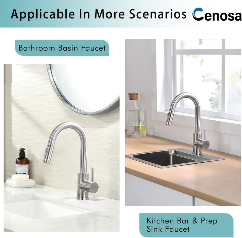 Cenosa Modern Bar Sink Faucet for Kitchen Sink Single Handle with Pull Out Sprayer Hot and Cold Brushed Nickel - Image 5