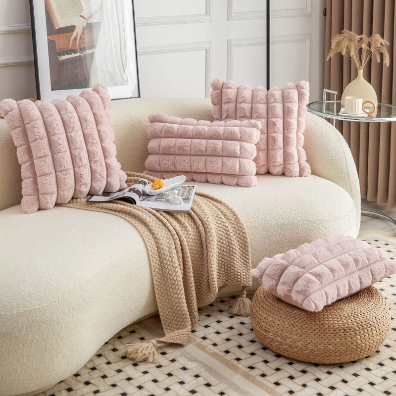 Neelvin Pink Faux Fur Cozy Soft Plaid Decorative Throw Pillow Covers 18x18 inch Set of 2,Velvet Pillowcase Cushion Case for Sofa Couch - Image 4