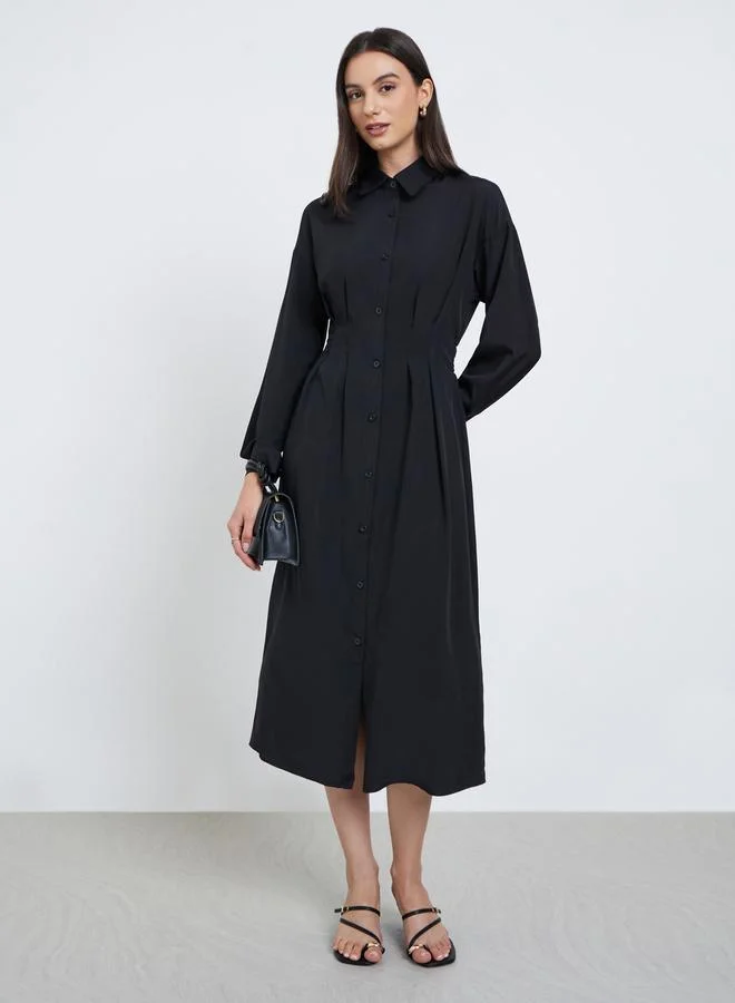 Styli Black Shirt Midi Dress with Buttons