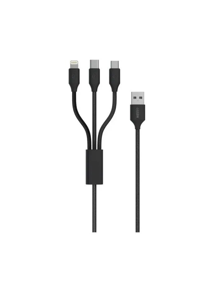GREEN LION Transparent 3 in 1 Braided Cable (USB-C / Lightning / Micro) 1M / Wide Compatibility / Quick Charge Capability / 10000 Bends Life Span / Charge &Sync / Secure & Safe - Black - Image 1