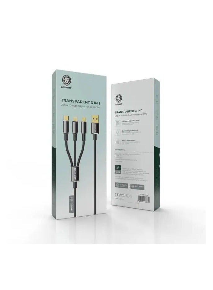 GREEN LION Transparent 3 in 1 Braided Cable (USB-C / Lightning / Micro) 1M / Wide Compatibility / Quick Charge Capability / 10000 Bends Life Span / Charge &Sync / Secure & Safe - Black - Image 2
