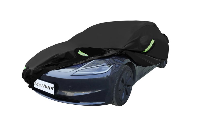 Morhept Car Cover for Tesla Model 3 Custom Fit Waterproof All Weather Full Exterior Cover Rain Snow UV Protection with Door Zipper Charging Port