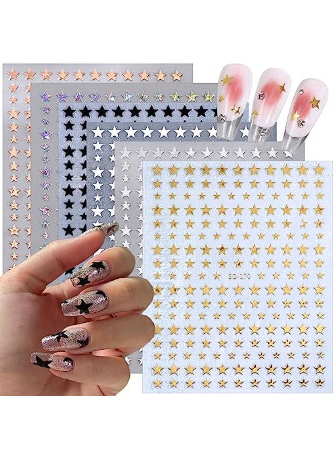 LRKNNO 6 Sheets Shiny Star Nail Art Stickers SelfAdhesive 3D Nail Art Supplies Gold Sliver Black White Design Star Nail Decals Holographic Glitter Star Stickers for Acrylic Manicure DIY Women Nail Decor - Image 1