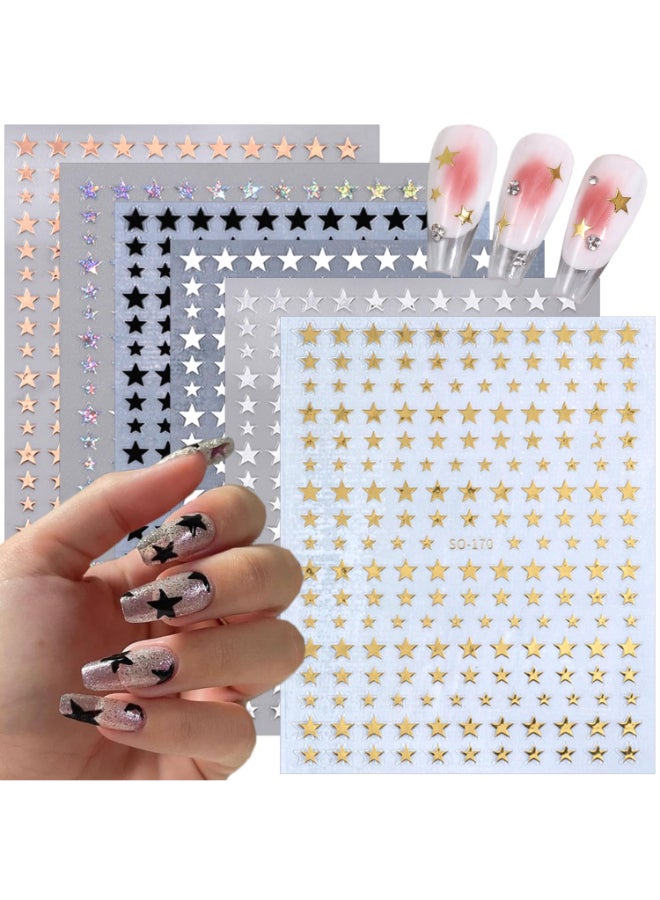 LRKNNO 6 Sheets Shiny Star Nail Art Stickers SelfAdhesive 3D Nail Art Supplies Gold Sliver Black White Design Star Nail Decals Holographic Glitter Star Stickers for Acrylic Manicure DIY Women Nail Decor - Image 2
