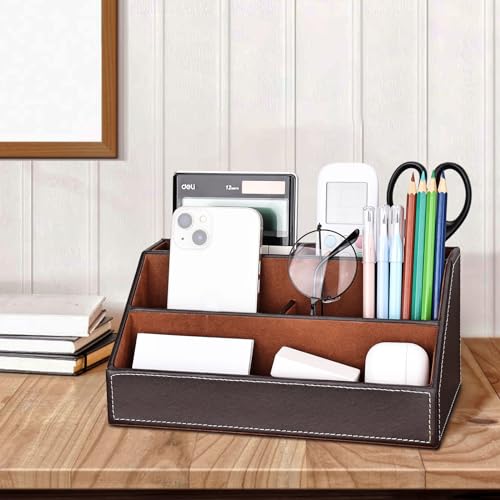 KINGFOM 5PCS Desk Organizer and Accessories Set, Pu Leather Office Supplies with Multifunction Desktop Organizer Storage Box, Tissue Holder, Mouse Pad, Note Paper Holder, Pencil Holder for Desk Brown - Image 3