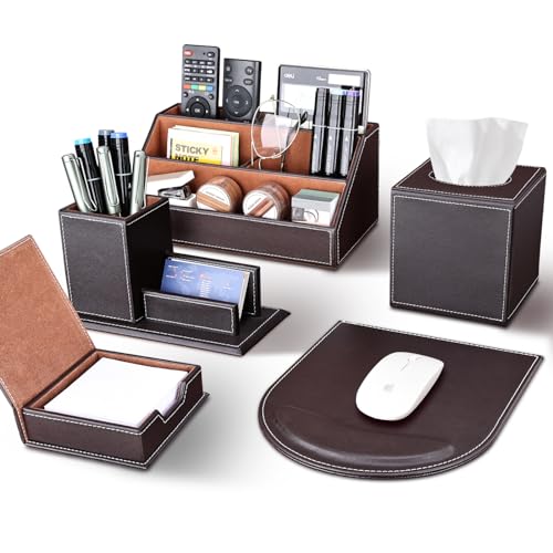 KINGFOM 5PCS Desk Organizer and Accessories Set, Pu Leather Office Supplies with Multifunction Desktop Organizer Storage Box, Tissue Holder, Mouse Pad, Note Paper Holder, Pencil Holder for Desk Brown - Image 1