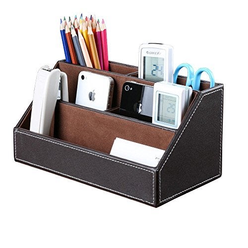KINGFOM 5PCS Desk Organizer and Accessories Set, Pu Leather Office Supplies with Multifunction Desktop Organizer Storage Box, Tissue Holder, Mouse Pad, Note Paper Holder, Pencil Holder for Desk Brown - Image 2