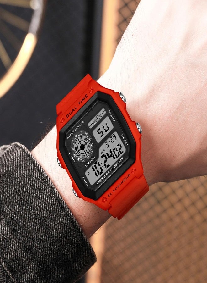 PASOY Men's Digital Multi-Function Watches Dual Time Alarm Stopwatch Countdown Backlight Waterproof Watch, Red A, Sports - Image 4