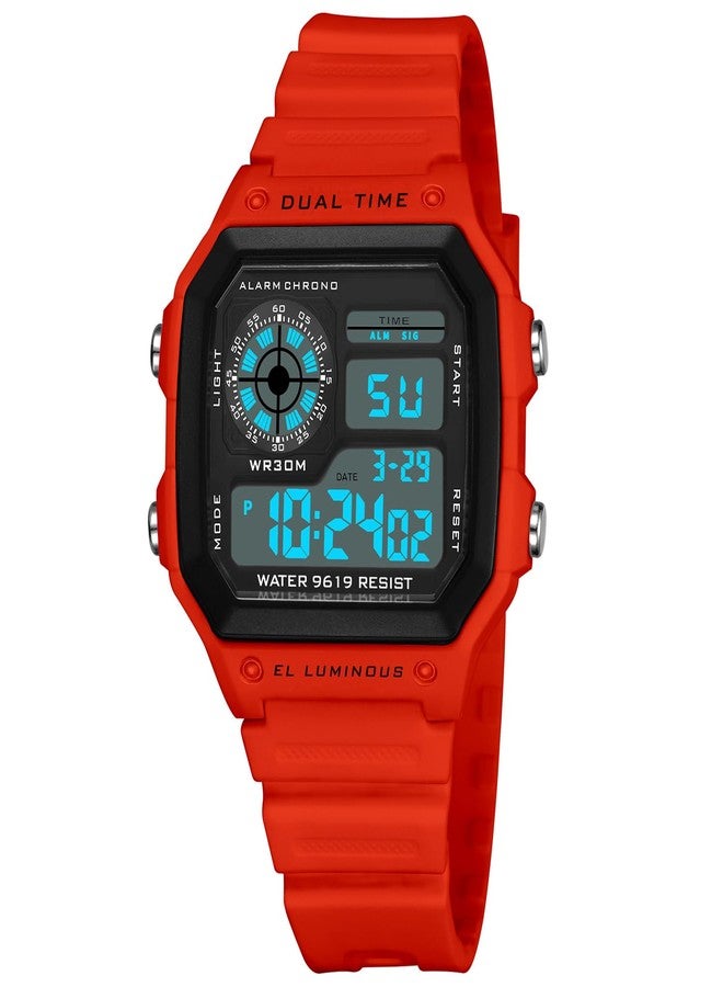 PASOY Men's Digital Multi-Function Watches Dual Time Alarm Stopwatch Countdown Backlight Waterproof Watch, Red A, Sports - Image 1
