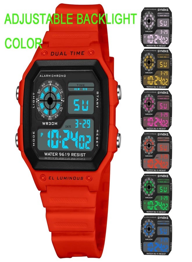 PASOY Men's Digital Multi-Function Watches Dual Time Alarm Stopwatch Countdown Backlight Waterproof Watch, Red A, Sports - Image 5