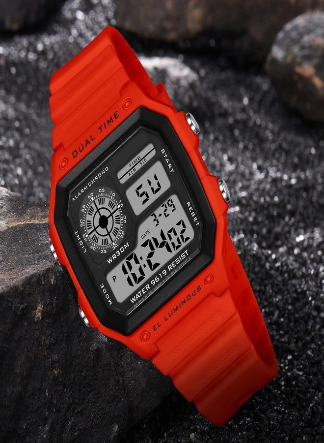 PASOY Men's Digital Multi-Function Watches Dual Time Alarm Stopwatch Countdown Backlight Waterproof Watch, Red A, Sports - Image 3