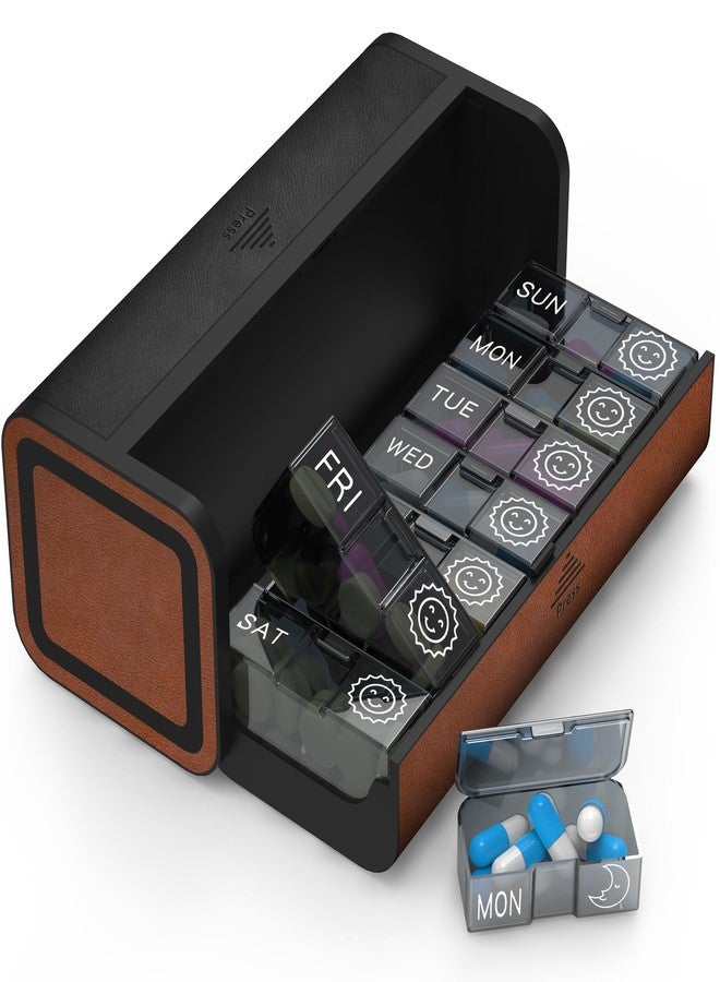 TALVOLC M Pill Organizer Weekly, 2 Times a Day for 7-Day Leather Medicine Box Travel Container Vitamin Am Pm Pill Case, Twice Daily Privacy Pill Holder, Modern and Portable Pillbox (Black and Brown) - Image 1