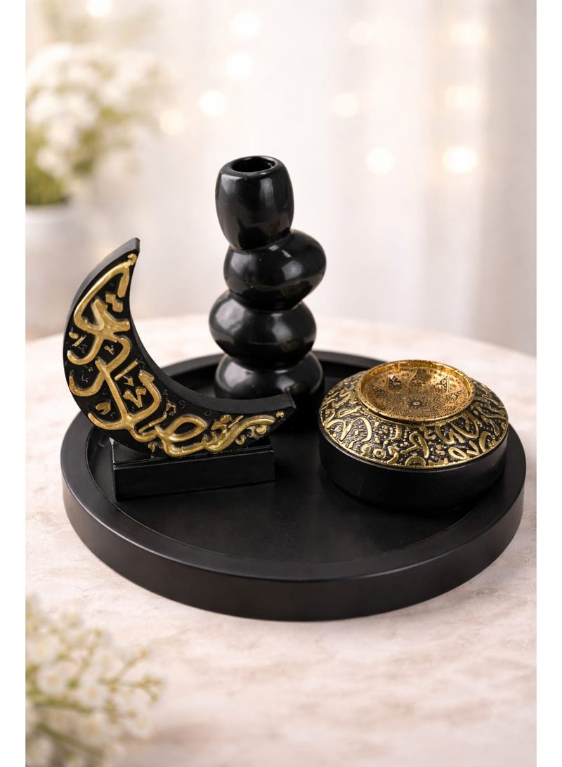 مجموعة ديكور رمضان أنيقة - 4 قطع باللون الأسود مصنوعة من البوليستر (موقد بخور، مزهرية، هلال و صينية)